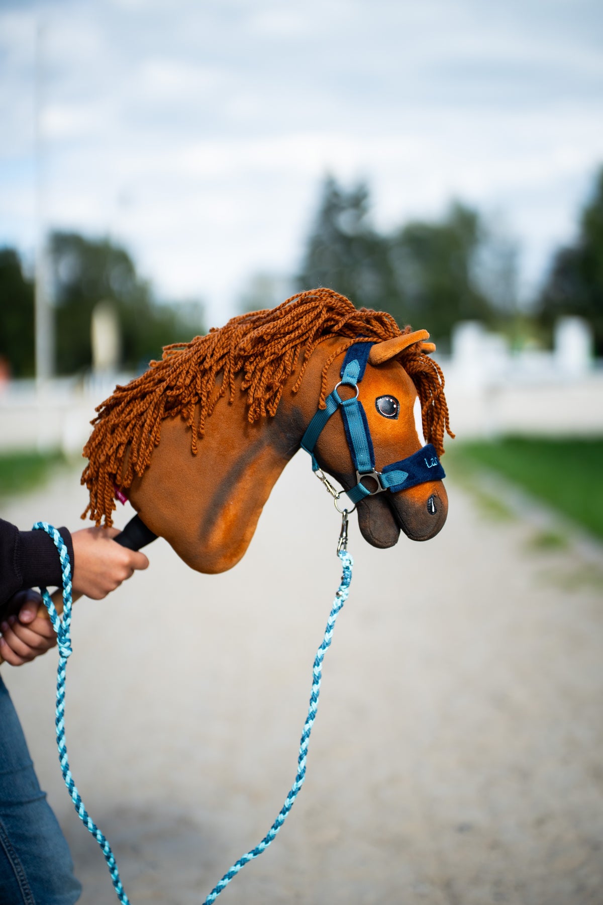 Detailfoto: de kop van Hobby Horse Pippa met zwart Halster van Hobby Horse LarDen wordt omhooggehouden naast de rijbaan, met het blauwe halstertouw hangend – voskleurig pluche, gemberkleurige manen van garen en voorpluk – hier getoond met het met bont gevoerde LarDen Blue-halster en het Bloom Blue-halstertouw