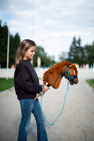 Lifestylefoto: een meisje in een donker sweatshirt loopt met Hobby Horse Pippa met zwart Halster van Hobby Horse LarDen over een zandpad langs de rijbaan – voskleurige pluchen kop, gemberkleurige manen van garen – hier getoond met het met bont gevoerde LarDen Blue-halster en het Bloom Blue-halstertouw