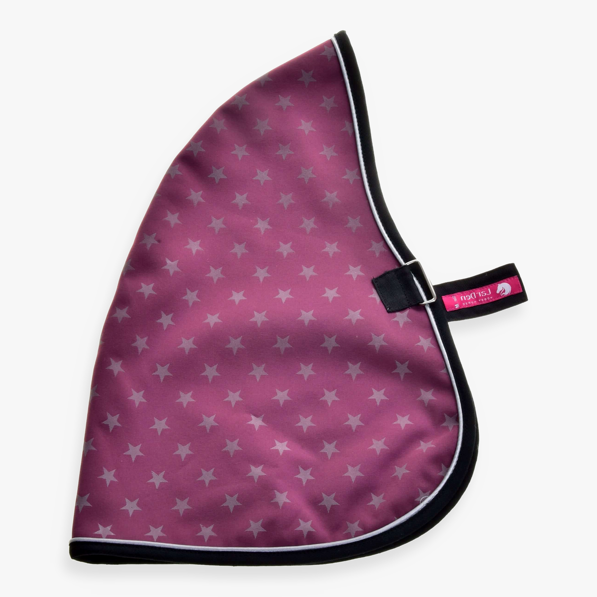 Stal Deken Paars van Hobby Horse LarDen met lichtgrijze sterren, zwarte bies en een zwarte band met een roze label, afgebeeld op een witte achtergrond.